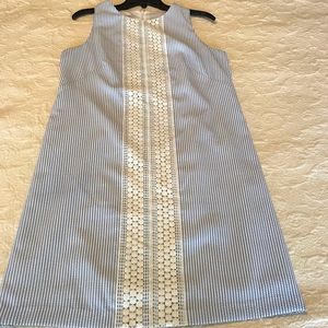Blue and white pen stripe seer sucker shift dress.